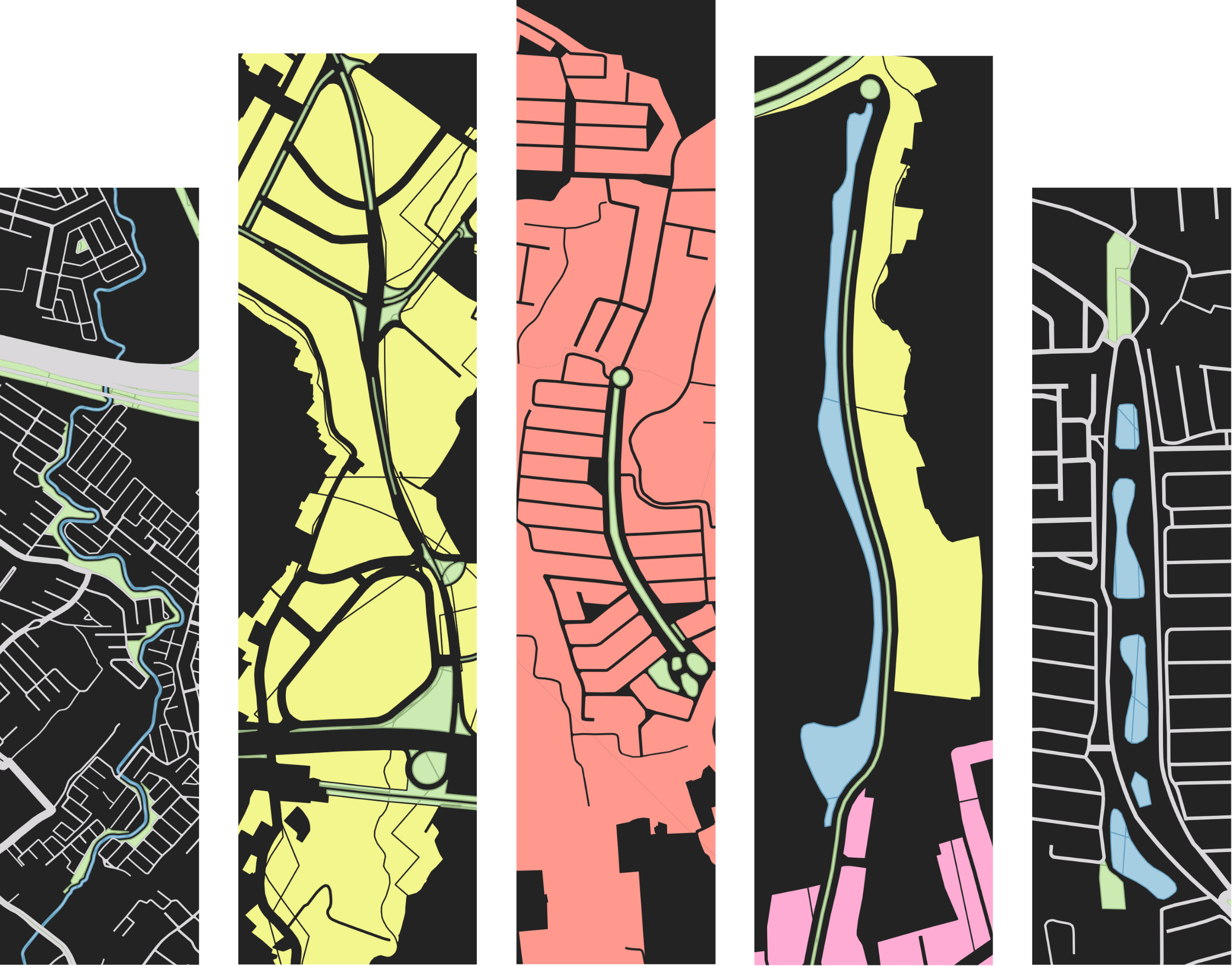 Five vertical map studies in pastel tones