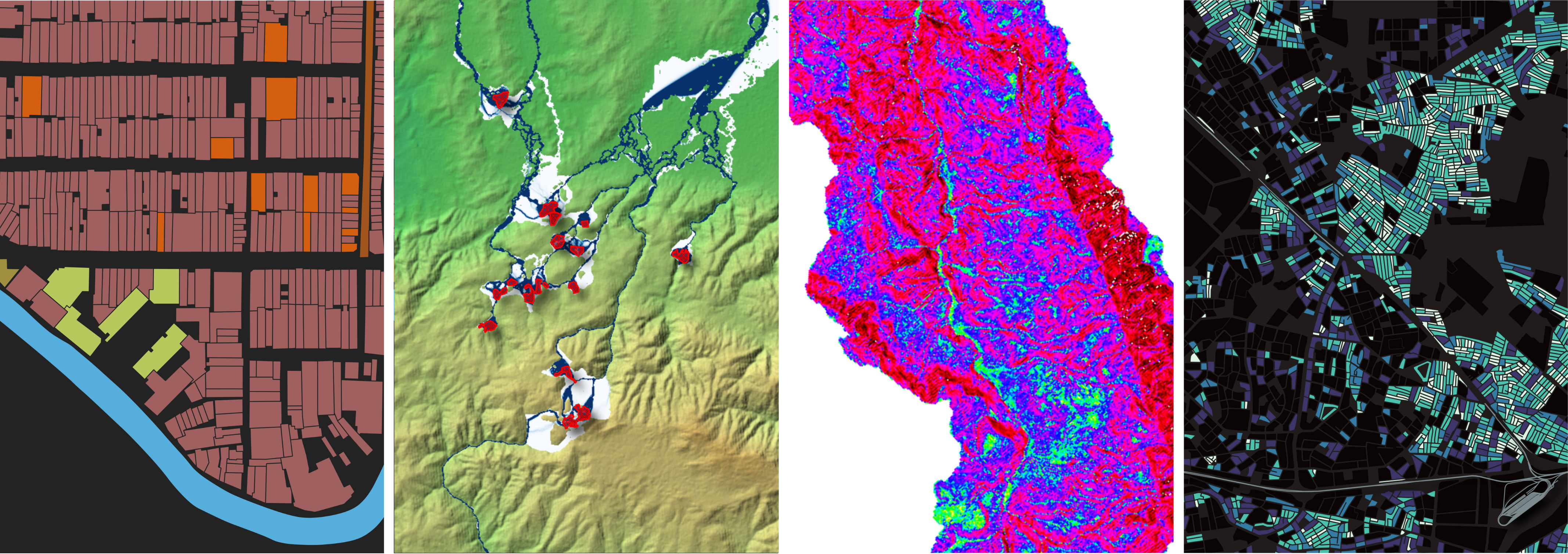 Four spatial analysis maps: cadastral, terrain, environmental raster, urban fabric